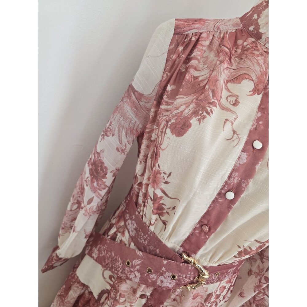 Floral Maxi Chinoiserie High Neck Belted Long Sleeves Mauve Pink Cream Dress M - Picture 11 of 12
